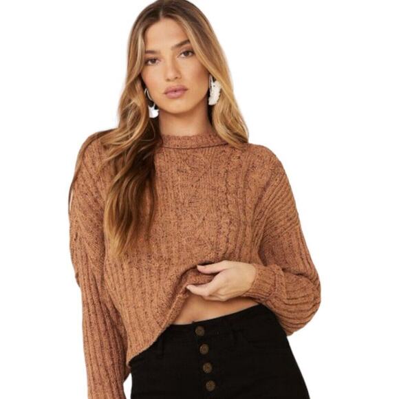 Free People On Your Side Pullover Sweater Small Cable Knit Brown Boxy Cropped - Picture 7 of 16